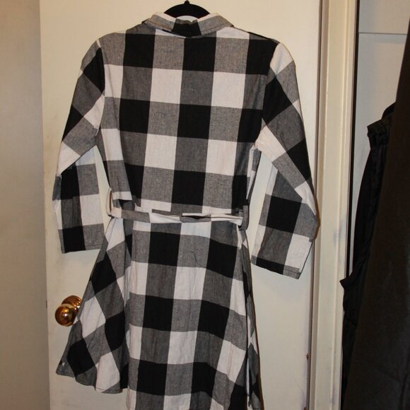 🏁 Checker black & white Petite fit long sleeve cotton dress with Buttons +belt - Picture 3 of 8